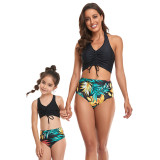 Matching Family Swimsuit Mom and Me Drawstring Hight Waist Palm Leaves Bikinis
