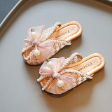 Kids Girl Mesh Pearl Bowknot Soft Rubber Flats Summer Slipper Shoes