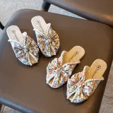 Kids Girl Floral Cloth Pearl Bowknot Soft Rubber Flats Summer Slipper Shoes