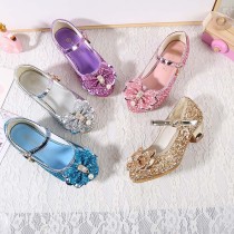 Girls Princess Glitter Sequins Bowknot Pearl Rough Heel Dress Shoes