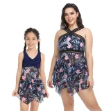 Matching Family Swimsuit Mom and Me Flower Prints Crossing Halter Plus Size Bikini Swimwear