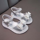 Kids Girl Glittering Mesh Pearl Bowknot Soft Flats Summer Sandal Dress Shoes