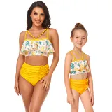 Mom and Me Flowers Off The Shoulders Drawstring High Waist Halter Bikinis Set