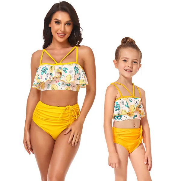 Mom and Me Flowers Off The Shoulders Drawstring High Waist Halter Bikinis Set