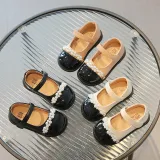 Kids Girl Leather Pearl Velcro Flower Girl Dress Shoes