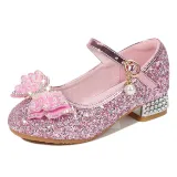 Girls Princess Glitter Sequins Bowknot Rough Heel Dress Shoes