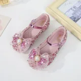 Girls Princess Glitter Sequins Mesh Pearl Bow Soft Soled Flat Dress Shoes