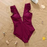 Matching Family Swimsuit Mom and Me Wine Red Ruffle Padded One Piece Swimwear