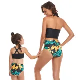 Matching Family Swimsuit Mom and Me Drawstring Hight Waist Palm Leaves Bikinis