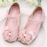 Girls Pearls Bow Princess Soft Flat Wedding Flower Girl Dress Shoes