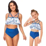Mom and Me Flowers Off The Shoulders Drawstring High Waist Halter Bikinis Set