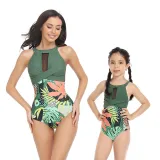 Matching Family Swimsuit Crossing Halter Mesh Palm Leaves Mom and Me Swimwear