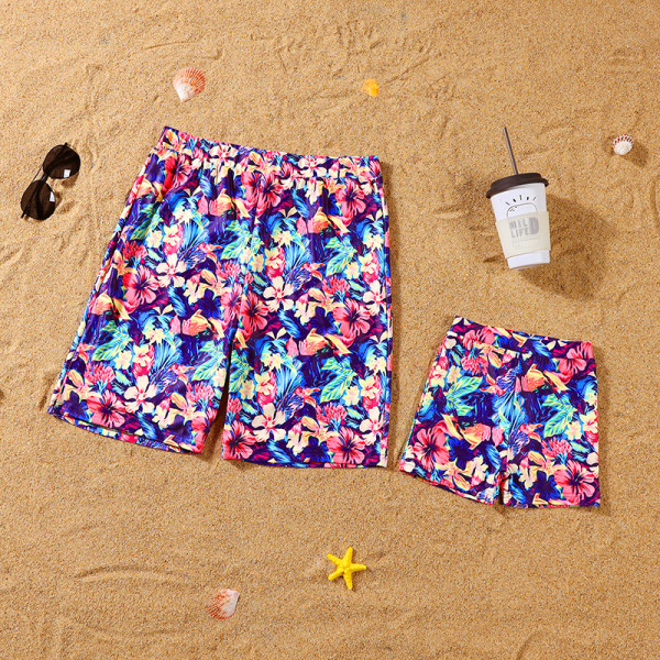 Matching Family Swimsuit Blue Flower Prints Swim Trunk Shorts and Ruffle Tankini Bikini Set Swimwear
