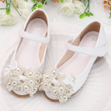 Girls Pearls Bow Princess Soft Flat Wedding Flower Girl Dress Shoes