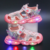 Kids Girl Cut Out Lace Up Velcro LED Light Sports Sadals