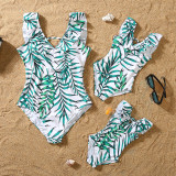 Matching Family Swimsuit Palm Leaves Swim Trunks and V-Neck Ruffles Bikini Set Swimwear