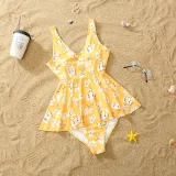 Matching Family Swimsuit Flower Prints Yellow Swim Trunks and Ruffle Hem Bikini Set Swimwear