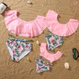 Matching Family Swimsuit Palm Leaves Prints Swim Trunks and Pink Ruffles Pompoms High Waist Bikini Set Swimwear