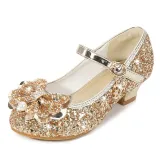 Girls Princess Glitter Sequins Bowknot Pearl Rough Heel Dress Shoes