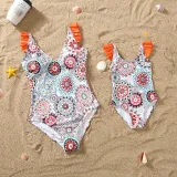 Matching Family Swimsuit Round Flower Prints Swim Trunks and Backless V-Neck Bikini Set Swimwear