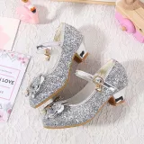 Girls Princess Glitter Sequins Bowknot Pearl Rough Heel Dress Shoes