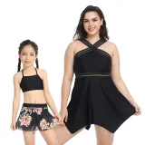 Matching Family Swimsuit Mom and Me Flower Prints Crossing Halter Plus Size Bikini Swimwear