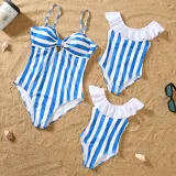 Matching Family Swimsuit Blue Stripes Swim Trunks and Sling Stripes Ruffle Bikini Set Swimwear