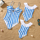 Matching Family Swimsuit Blue Stripes Swim Trunks and Sling Stripes Ruffle Bikini Set Swimwear