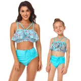 Mom and Me Flowers Off The Shoulders Drawstring High Waist Halter Bikinis Set