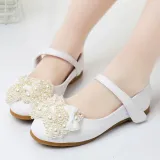 Girls Pearls Bow Princess Soft Flat Wedding Flower Girl Dress Shoes