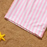 Matching Family Swimsuit Pink Strips Swim Trunk Shorts and Ruffle Padded Monokini Bikini Set Swimwear