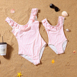 Matching Family Swimsuit Pink Strips Swim Trunk Shorts and Ruffle Padded Monokini Bikini Set Swimwear