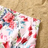 Matching Family Swimsuit Pink Flower Swim Trunks and Ruffle High Waist Bikini Set Swimwear