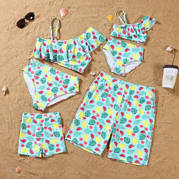 Matching Family Swimsuit Banana Fruits Prints Swim Trunks and One off Shoulder Ruffle Bikini Set Swimwear