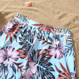 Matching Family Swimsuit Palm Leaves Prints Swim Trunks and Backless Crossing Bikini Set Swimwear