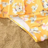 Matching Family Swimsuit Flower Prints Yellow Swim Trunks and Ruffle Hem Bikini Set Swimwear