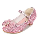 Girls Princess Glitter Sequins Bowknot Pearl Rough Heel Dress Shoes