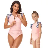 Matching Family Swimsuit Mom and Me Drawstring High Waist Halter Ruffles One Piece Swimwear