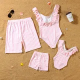 Matching Family Swimsuit Pink Strips Swim Trunk Shorts and Ruffle Padded Monokini Bikini Set Swimwear