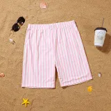 Matching Family Swimsuit Pink Strips Swim Trunk Shorts and Ruffle Padded Monokini Bikini Set Swimwear
