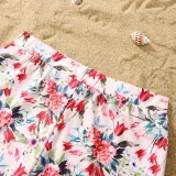 Matching Family Swimsuit Pink Flower Swim Trunks and Ruffle High Waist Bikini Set Swimwear