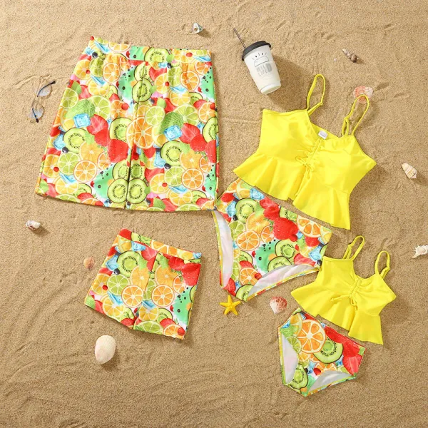 Matching Family Swimsuit Fruits Prints Swim Trunks and High Waist Sling Ruffle Bikini Two Pieces Swimwear
