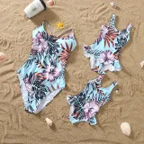 Matching Family Swimsuit Palm Leaves Prints Swim Trunks and Backless Crossing Bikini Set Swimwear