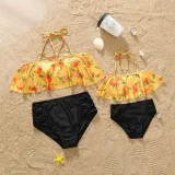 Matching Family Swimsuit Orange Fruits Prints Swim Trunks and Hanging Neck Two Pieces Swimwear
