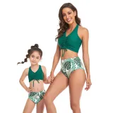 Matching Family Swimsuit Mom and Me Drawstring Hight Waist Palm Leaves Bikinis