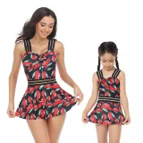 Matching Family Swimsuit Palm Leaves Prints Hight Waist Mom and Me Swimwear