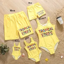 Matching Family Swimsuit Tropical Vibes Trunks and Bikini One Piece Yellow Swimwear