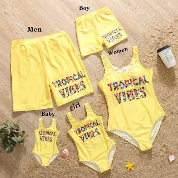 Matching Family Swimsuit Tropical Vibes Trunks and Bikini One Piece Yellow Swimwear