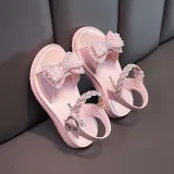 Kids Girl Glittering Mesh Pearl Bowknot Soft Flats Summer Sandal Dress Shoes