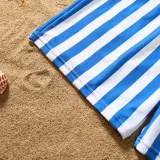 Matching Family Swimsuit Blue Stripes Swim Trunks and Sling Stripes Ruffle Bikini Set Swimwear